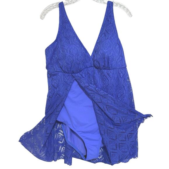 Swimsuits For All Women’s Plus Size 16 Crochet Chevron One Piece Swimdress Blue - Picture 5 of 12